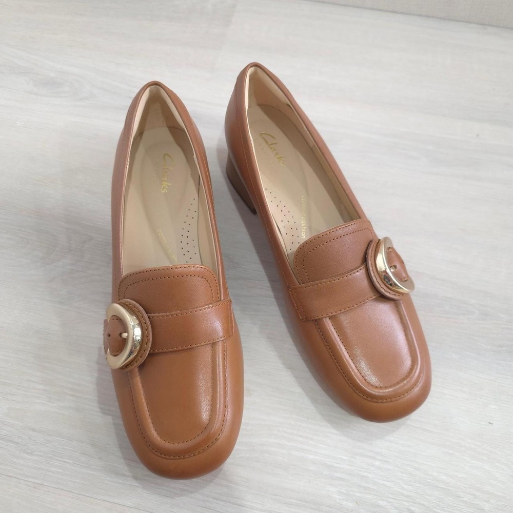 Clarks tan leather loafers with gold buckle detail